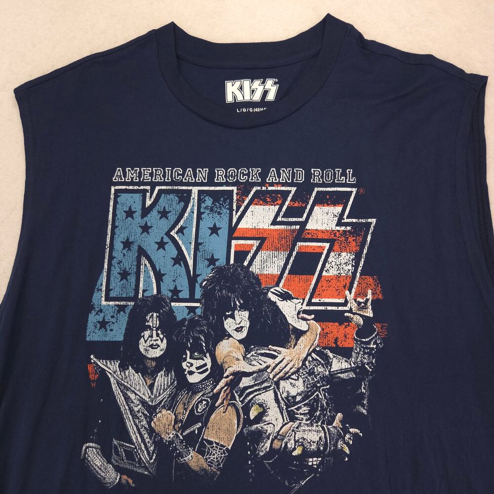 Kiss Band American Rock And Roll Sleeveless T Shirt Mens Size Large L Blue
